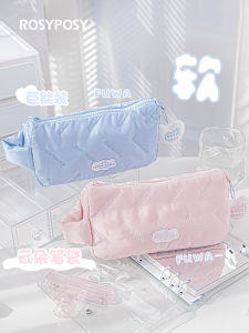 High Aesthetic Soft Large Capacity Cotton Filled Pen Holder Two in One Student Stationery Box Cream Color Canvas Grid Pattern