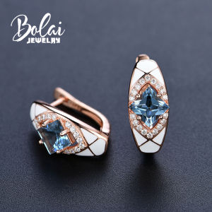 Bolai elegant london blue topaz stud earrings 925 sterling silver created gemstone jewelry white enamel clasp wedding earring enamel earrings