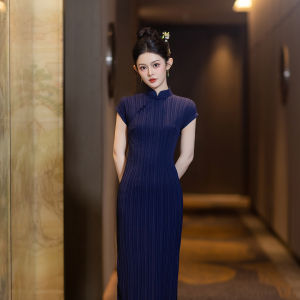 Blue Fitted Cheongsam Modified Retro Slim-fit Simple Dress