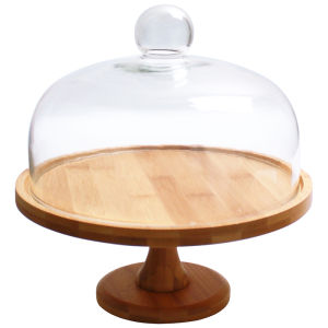 Wooden Cake Display Tray High Leg Support Table Dessert Glass Cover Transparent Fruit Dessert Bread Sampling Plate with Lid