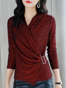 Shiny Silk Waist-Cinching Long Sleeve Cross-Neck Base Shirt for Women Spring Autumn Style Slimming Maternity Top Fashionable Motherwear