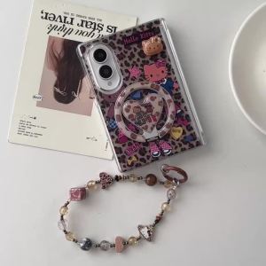 Sanrio | Cute Sanrio Leopard Print Hello Kitty Hinge Protect Case for Samsung Galaxy Z Fold 8 Ultra 8 7 6 5 Magnetic Stand Lanyard Cover