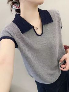 เสื้อสเวตเตอร์คอปกสั้นทรงสลิมฟิตสำหรับผู้หญิง แขนสั้น ทรงหลวม ผ้าโพลีเอสเตอร์ ทรงปกติ ฤดูร้อน 2025 เสื้อผ้าทำงาน