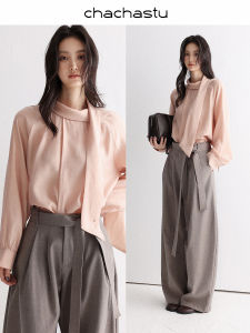 CHACHASTU | Áo Blouse Tay Dài Đính Nơ Phong Cách Nhỏ Gọn Màu Hồng Ôm Sát