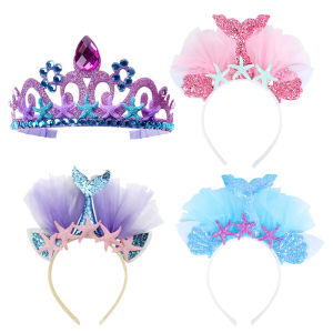 WEIGAO Little Mermaid Party Crown Headband Mermaid Tail Hat Photo Props for Girl 1st Birthday Party Mermaid Hair Accessories