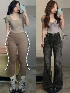 สูง เอว บาน กางเกงยีนส์ ผู้หญิง ฤดูใบไม้ร่วง ฤดูหนาว ผ้าขนแกะ เรียงรายอบอุ่น พลัสไซส์ ขากว้าง กางเกง พรางหุ่น สําหรับตัวเครื่องทรงลูกแพร์