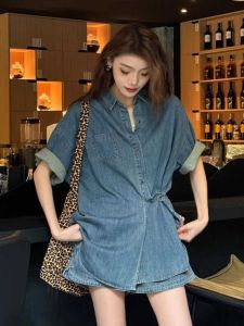 Retro Fashionable Denim Set Women Summer 2024 New Small Size Short Sleeve Shirt Top Wide Leg Shorts Two Piece Set