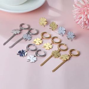 Skyrim Women Lucky Four-leaf Clover Pendant Drop Earrings Stainless Steel Gold Color Hoop Earrings Kpop Wedding Jewelry Gift