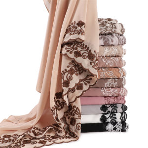 Jifang Embroidery Lucky Four Leaf Clover Flower Floral Lace Brim Plain Bubble Chiffon Shawl Pashmina Head Scarf Wraps Muslim Hijabs Shawls YZ28