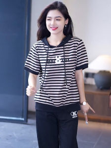 Ladies Short Sleeve T-Shirt Summer 2025 New Loose Fashionable Youthful Hooded Stripe Body Shirt Belly Covering Top