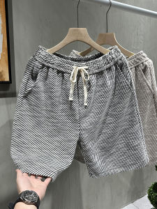 Lightweight Breathable Mens Sporty Stripe Patterned Summer Shorts Five-Quarter Length Loose Fit Straight Leg Casual Trousers