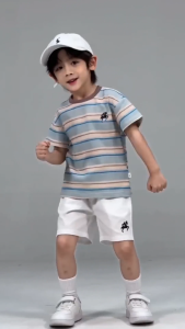 Baju Set Budak Lelaki Murah Stok Baru Short Sleeve Corak Jalur Sulaman Kuda Boy Style Sport Baju Harian Cool Wear Pakaian Kanak-Kanak 2 Tahun Hingga 5 Tahun