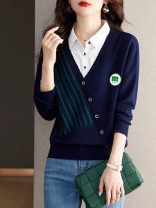 เสื้อสเวตเตอร์ถักคอโปโลหลวมๆ สำหรับผู้หญิง ฤดูใบไม้ผลิและฤดูใบไม้ร่วง 2025 เสื้อชั้นในลายทางสไตล์เกาหลี แขนยาว ปกติ