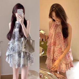 Elegant Chinese Watercolor Print Blouse Necktie Shirt Top with Lace Hem Mini Skirt Two Piece Set Summer City Commute Wear