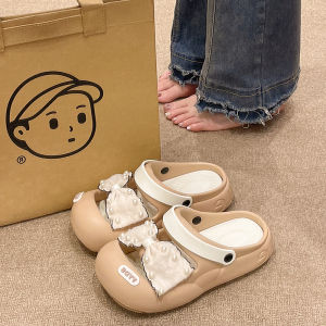 Womens Summer Fashion Pearl Butterfly Knot Thick Bottom Two-Way Wear-Resistant Beach Head Covering Clog Sandals Hollow out Roman Style Slip-On Flat Heels