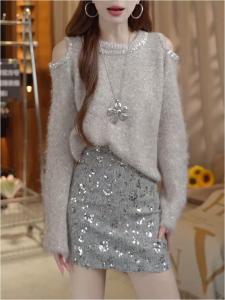 YINGKETUO | Elegant Shimmer Outfit Winter Off-Shoulder Sweater Mini Skirt Set
