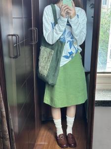 Váy Chữ a Cạp Cao Bằng Vải Lanh Cotton Màu Xanh Lá Cây Cho Nữ Mùa Thu Váy Midi Ôm Sát Thiết Kế Đơn Giản Phong Cách Nhật Bản Có Khóa Kéo