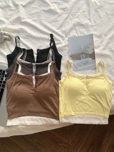 เสื้อกั๊กสั้นผู้หญิงสไตล์อเมริกันพร้อมแผ่นเสริมหน้าอก ทรงเข้ารูป แขนกุด คอวี สีบล็อก เสื้อผ้าทำงานฤดูร้อน 2024