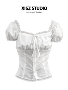 Áo Sơ Mi Nữ Tay Bồng Cổ Vuông Viền Ren Cạp Cao Mùa Hè Phong Cách Nhẹ Nhàng Giảm Tuổi Tác Đa Năng Áo Chui Đầu Thường Ngày