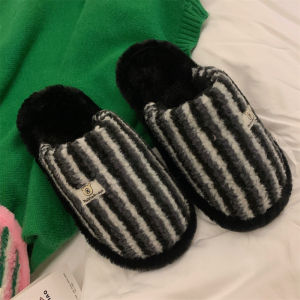 2025 New Indoor Anti-Slip Couple Home Plush Slippers Autumn Winter Large Size Stripe Men Women Cotton Slippers Korean Style Warm Home Slippers