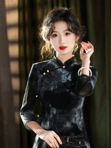 Elegant Vintage Black Qipao Young Style Improved Dress Womens Fashion Autumn Season Pure Color Low Slit Midi Qipao Gown