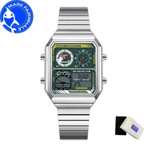 Mark Fairwhale | MARK FAIRWHALE Watches for Man 4460 Stainless Steel Trend Square Dial Multifunctional Alarm Clock Luminous Waterproof Men Watch