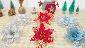 NUVOX Glitter Poinsettia Artificial Flowers 6.3inch Christmas Gold Poinsettia Decorations Tree Flowers Ornaments for Xmas/Holiday/Seasonal/Wedding Decor Glitter Lamp Poinsettia Wreath - Lazada