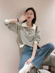 American Stripe Splicing Polo Neck Knitted Sweater Womens Loose Half Zip Long Sleeve Top Casual Style mid Autumn New Arrival