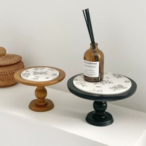 Luxurious Vintage French Wooden High-Stand Ceramic Aroma Lamp Base Storage Display Plate for Living Room Decorations