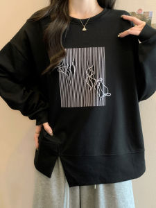 Loose Korean Style Womens Sweatshirt Overhead Uneven Hemline Conceals Belly Button Design Early Autumn plus Size Slimming Top