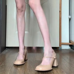 รองเท้าส้นสูง Mary Janes สำหรับผู้หญิง ทรงหัวมน สีเข้ม ทรงหัวมน ส้นสูง รองเท้าแฟชั่นส้นสูง ทรงหัวมน รองเท้าส้นแบน รองเท้าส้นแบน