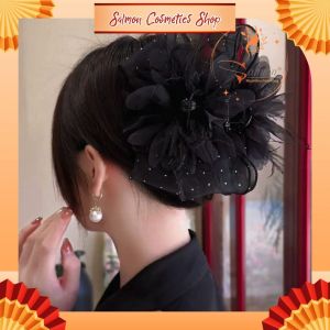 Kẹp Tóc Càng Cua Hoa Mẫu Đơn Lông Vũ Phối Nơ Voan Xinh Xắn Thanh Lịch Hottrend - Salmon Shop