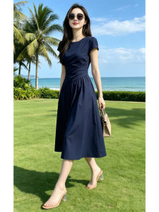 Shalldoer | Elegant French Style New Summer Casual Round Neck Short Sleeve Slimming Dress
