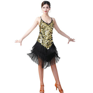 Latin Sequin Tassel Stage Performance Leaky Back Dance Competition Suspender Sequin Dress