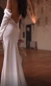 Slip draped fit&flare wedding dress long sleeves tie-back dropped sleeves scoop flattering straight neckline ruching gown backless