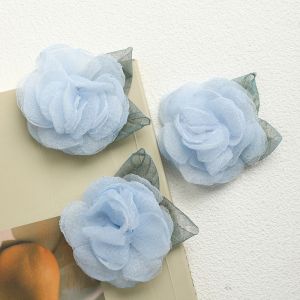 2/4Pcs 5.5CM Organza Chiffon Fabric Artificial Flower With Leaves for Wedding Dress Decor Home Accessories DIY Fake Flowers