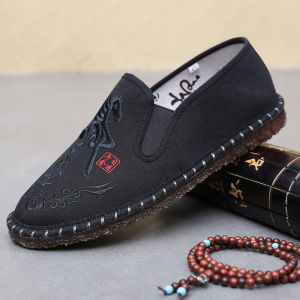 Beijing Style Embroidered Mens Casual Shoes Breathable Slip-On Flat Heel Soft Bottom Cow Tendon Bottom Social Shoes