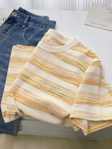 Áo Thun Tay Ngắn Sọc Phong Cách Hàn Quốc Cho Nữ Mùa Hè Mới Rộng Rãi Thiết Kế Màu Tương Phản Áo Thun Cotton Polyester