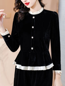 Elegant Long Sleeve Velvet Shirt Womens Fashionable Short Top with Waist Cinching Spring Autumn Winter New Arrival