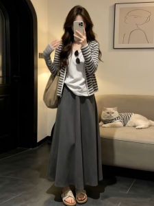 PEIZIXUAN | Đầm Cardigan Sọc Phong Cách Hàn Quốc Mùa Hè