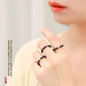 Natural Obsidian Ultra-Thin Crystal Beaded Ring for Women Couple Design Fashionable Jewelry Index Finger Protection Ring