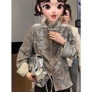 New Chinese Style Velvet Shirt Jacket Womens Spring Autumn Loose Long Sleeve Diamond Embellished Button down Casual Top