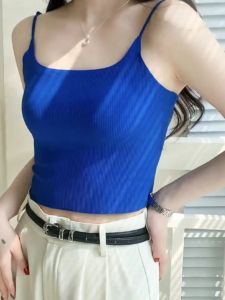 Womens All-Matching Outer Wear Seamless Safety Bra Integrated Short and Medium Style Ice Silk Klein Blue Pure Desire Tops