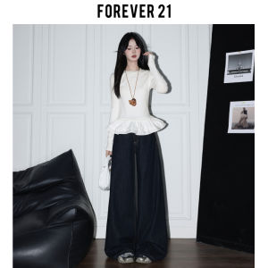 Forever 21 High Waist Wide Leg Denim Jeans Womens American Loose Drapey Slimming Straight Floor-Length Pants Blue