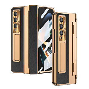 Hinge Plating Leather Kickstand Case For Samsung Galaxy Z Fold 7 Fold 6 Fold 5 Fold 4 Fold 3 Cover with Front Glass