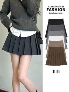 Grey High Waist A-Line Mini Skirt Womens Spring Autumn Suit Material Pleated Slimming Black Versatile Half Body Skirt