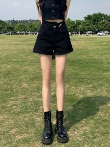 กางเกงขาสั้นยีนส์เอวสูงสีดำสำหรับผู้หญิง กางเกงขาสั้นฤดูร้อนทรงเอหลวมๆ ทรงสลิมฟิต เสื้อผ้าทำงานแบบสวมใส่สบาย