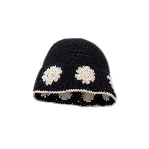 Shujiu Home Black Flower Cutout Hand Crocheted Bucket Hat Spring & Fall South Korea Niche Style Ins Simple and Breathable Bucket Hat