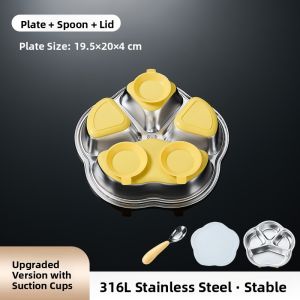 Food Grade Childrens Dinner Plate Suction Type 316 Stainless Steel Utensils Anti Drop Baby Infant Rice Plate Divided Supplementary Food Plate