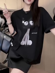 American Style Loose Fit Summer Short Sleeve T-Shirt Womens Mid-Length Versatile Cat Letter Print Casual Top